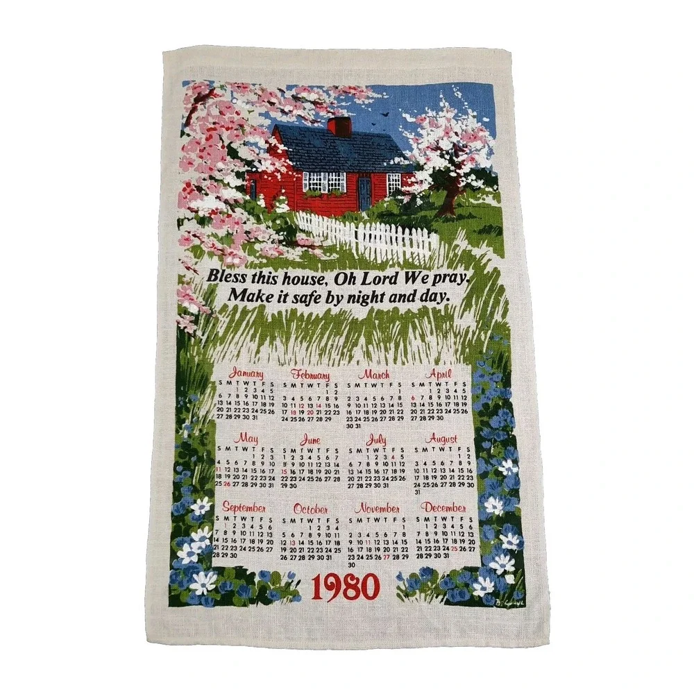 Vintage Linen Calendar Kitchen Towel Bless This House Cottage Floral Trees 1980